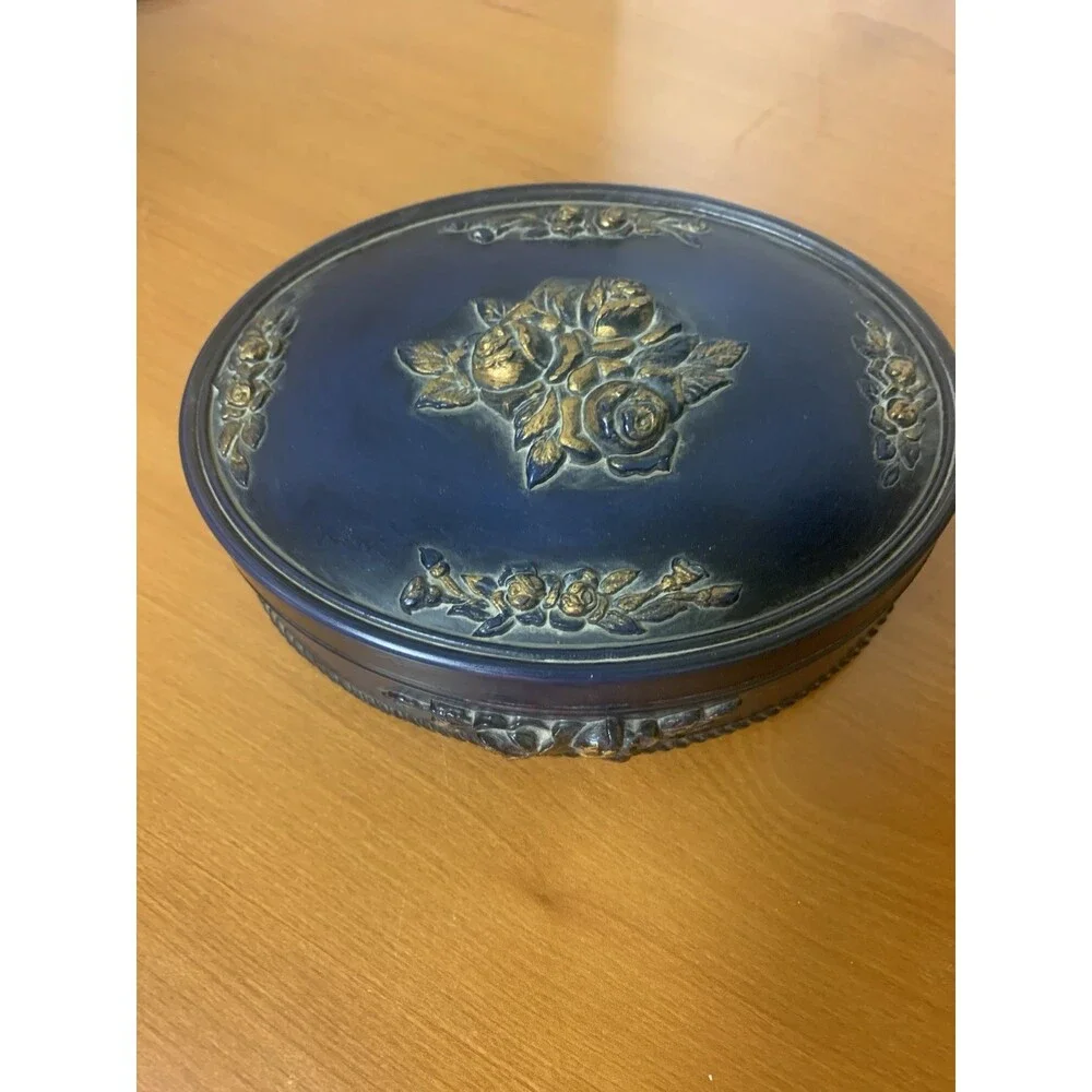 Vintage Navy Trinket Box Gold  3D Roses Wood 6”x5”